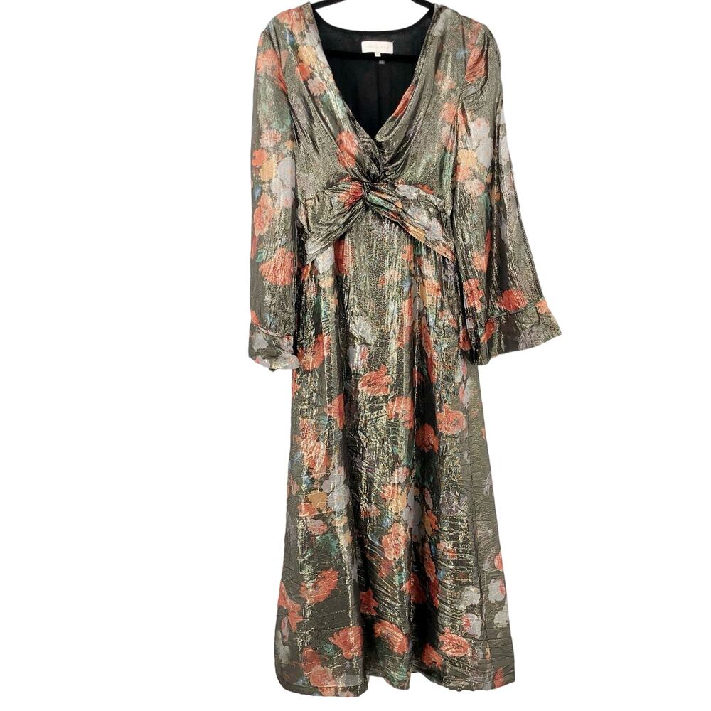 Anthropologie Caballero Deep V-Neck Maxi Dress Metallic Long Sleeve Bridgerton